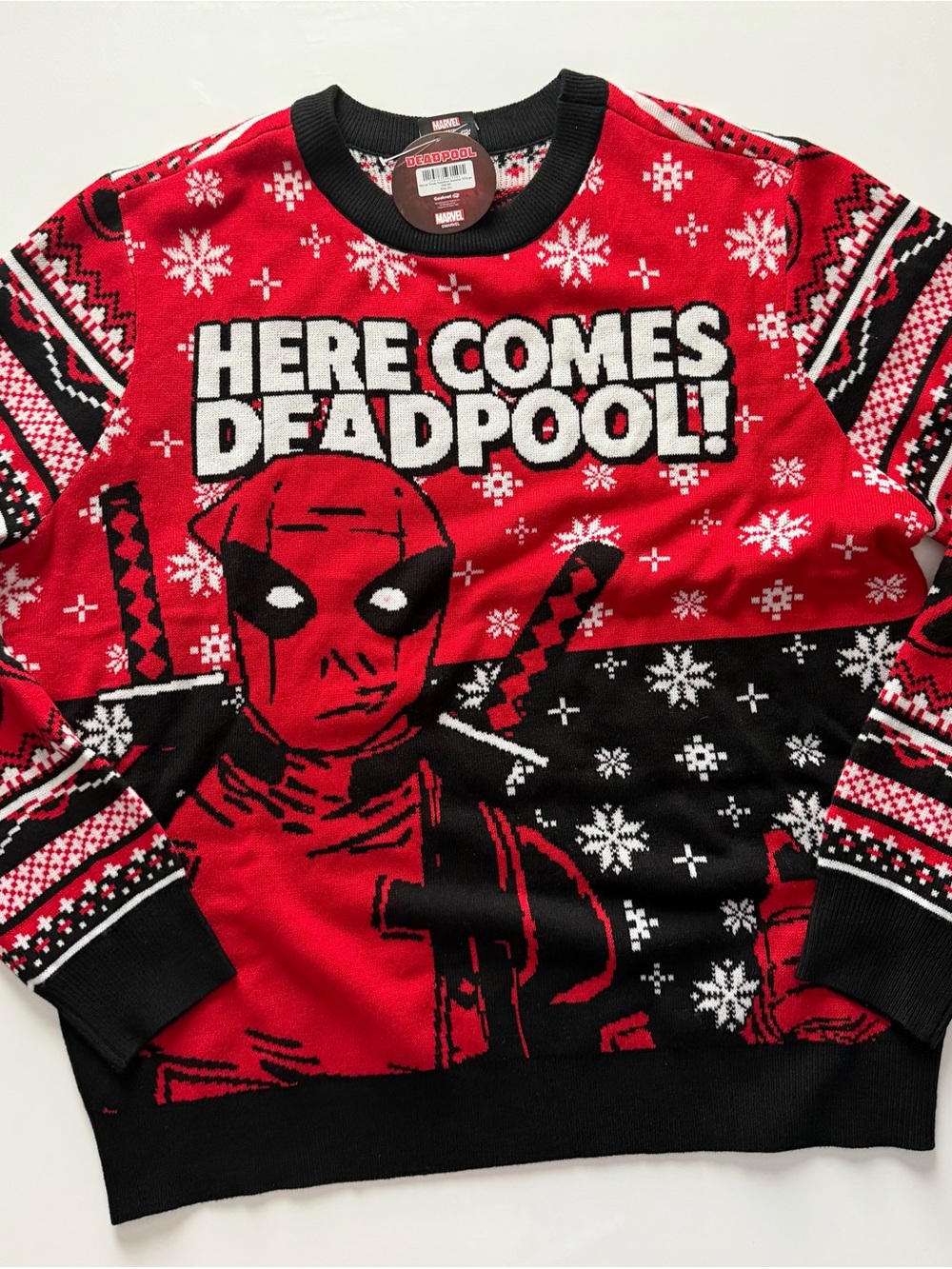 Marvel Men’s Red and Black Deadpool Crewneck Sweater